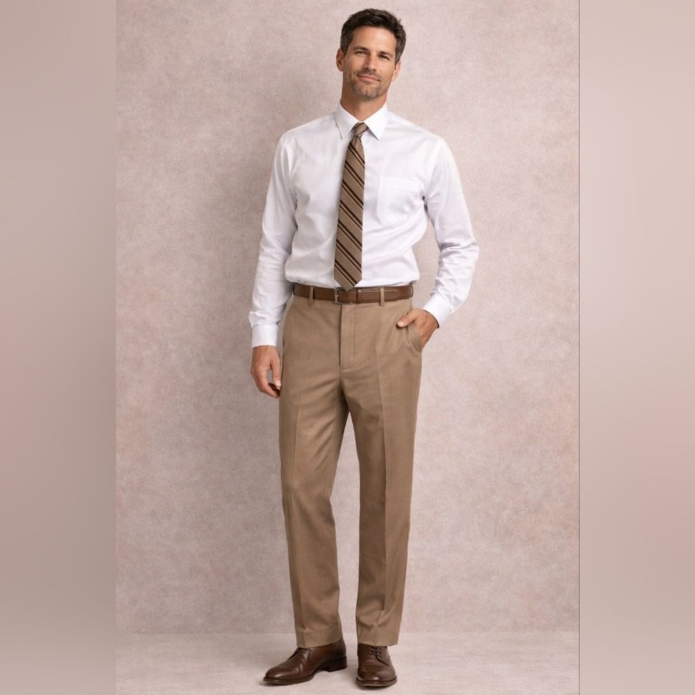 Grant Thomas Wool Dress Pants 38x32 Tan Khaki Flat Front Suit Trousers Work